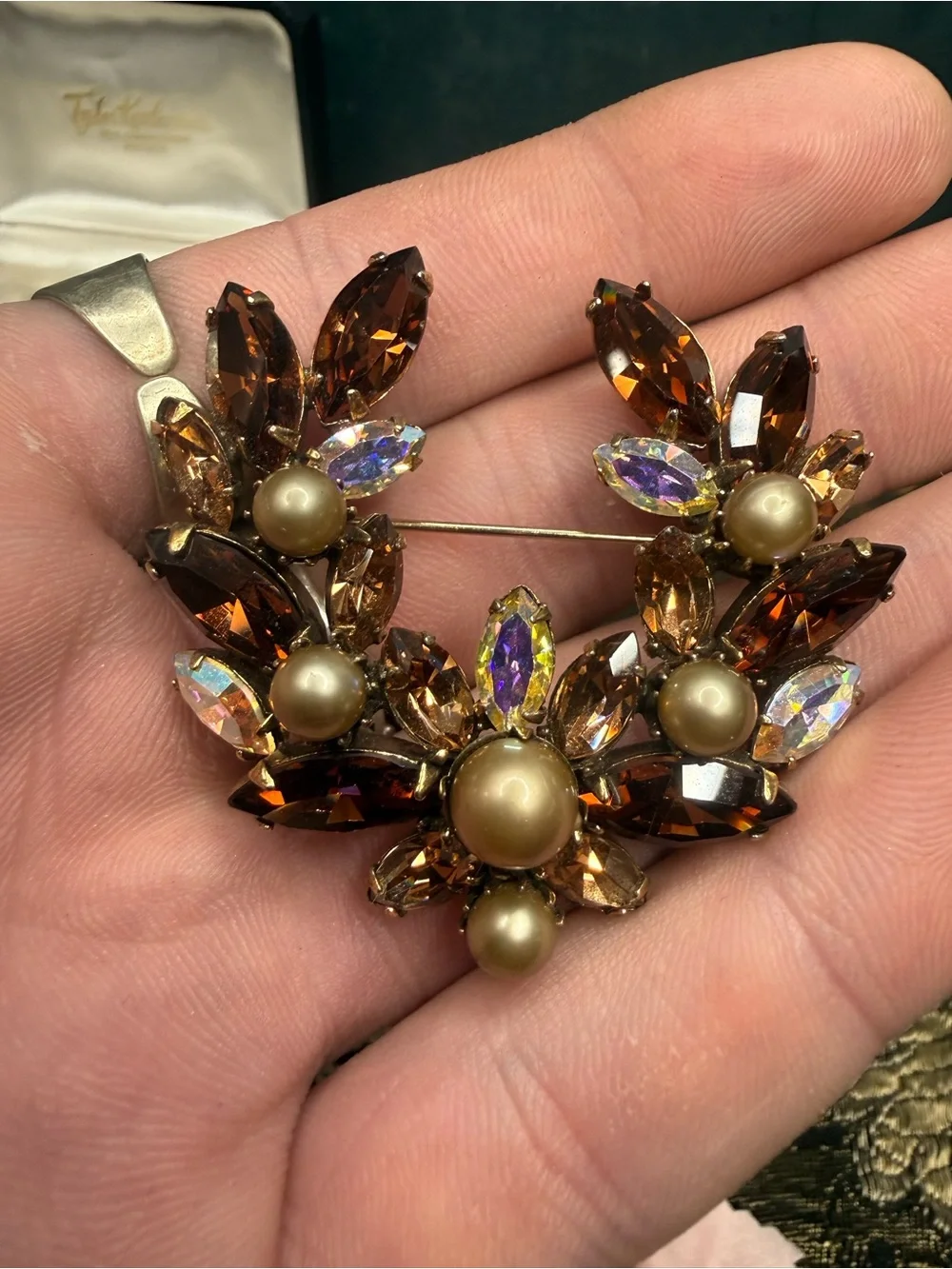 VTG Regency Topaz & Brown AB Rhinestone Floral Brooch with Pearls